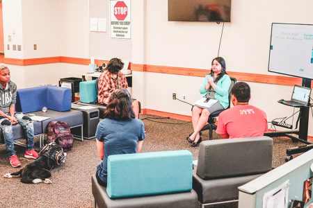 Photos by Brooke Baldwin/The Collegian. SE counselor Divya Patel explains how using mindfulness techniques can combat stress during the school year.