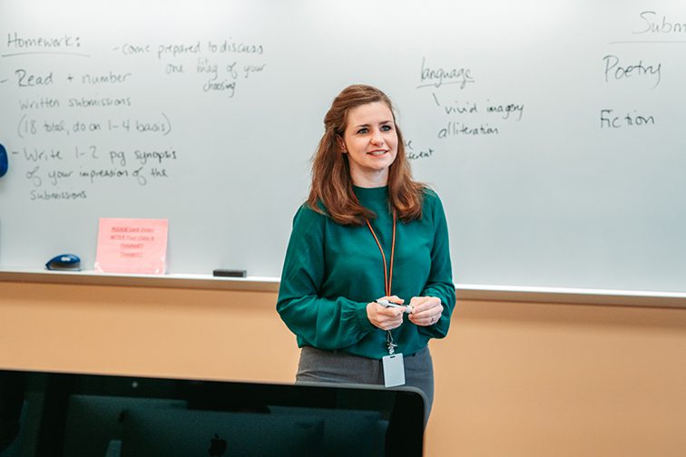 Photos by Brooke Baldwin/The Collegian. Associate English professor Jerrica Jordan discusses with the students during her Academic Cooperative class on Tuesday about the process of picking and editing the submissions Jan. 14.