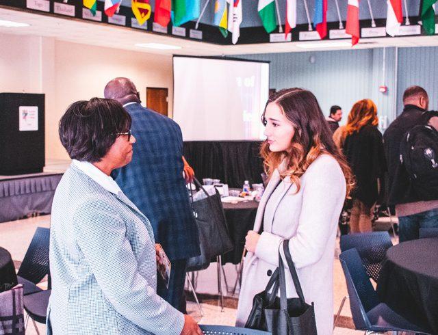 Local McDonald’s franchise owner and operator Arminda Grissett discusses internship opportunities with South SGA President Aubrie Lortie. Photo by Christian Garza/The Collegian