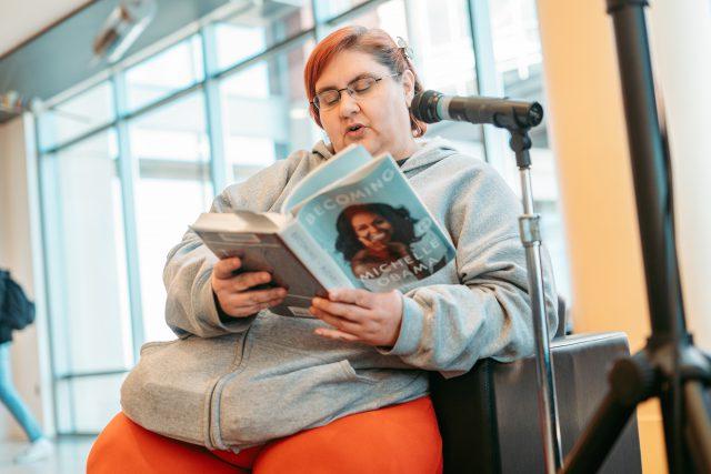 TR student Jennifer Nunley reads an excerpt from the former first lady Michelle Obama’s 2018 memoir, “Becoming” at the National African American Read-In Feb. 27.  Brook Baldwin/The Collegian