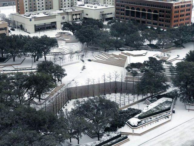 Lauren Foster/Special to The Collegian
The Fort Worth Water Gardens stands still, frozen solid and covered in blankets of snow. The city received several inches of snowfall during the second week of February.
