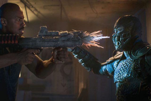 Photos courtesy of Warner Bros. Pictures
Jax, played by Mehcad Brooks, approaches Sub-Zero, played by Joe Taslim, and shoots him point-blank with a shotgun. Sub-Zero freezes the bullets, stopping them midair.