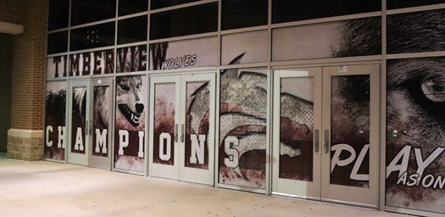 Alex Hoben/The Collegian
The front doors to the basketball court at Timberview high school. There was a shooting at the school Oct. 6 that resulted in four injuries but no deaths. 