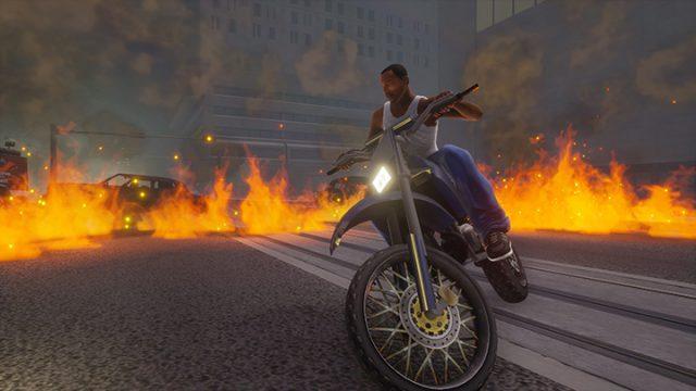 Photo courtesy of Rockstar GamesMain character of “Grand Theft Auto: San Andreas,” CJ, drives away from an explosion on a motorcycle. The definitive edition released Nov. 11. 