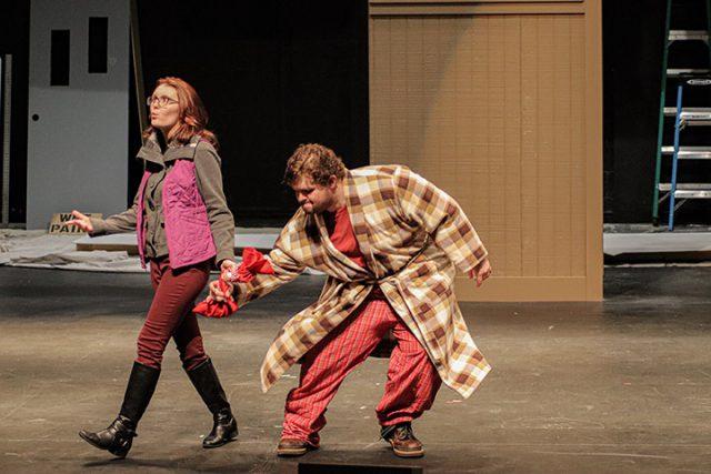 Alex Hoben/The Collegian
East, played by SE student Zachary Donelson, snatches a pouch with broken pieces from Glory, played by SE student Lily Clouse. 