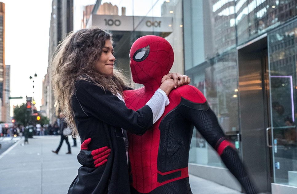 Peter Parker, played by Tom Holland, holds onto his girlfriend MJ, played by Zendaya, after he was just revealed to be Spider-Man by Mysterio. Photo courtesy of Sony Pictures