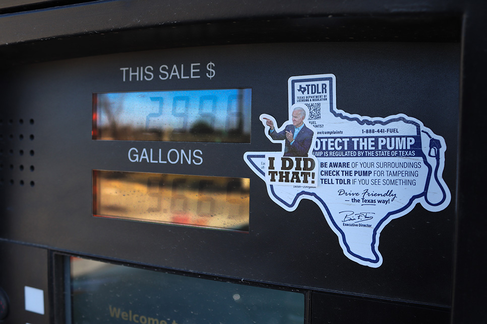 A Biden sticker with the words “I DID THAT!” written on it, plastered on a gas pump in Parsons, Texas Jan. 23. Alex Hoben/The Collegian