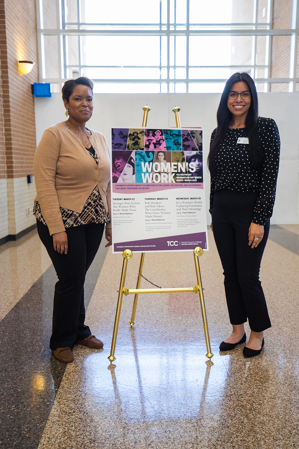 Presenters Tonya Blivens and Jacqui Haynes posing with the poster of the events that were hosted at SE Campus for Women’s History Month. Photos by Joel Solis/The Collegian
