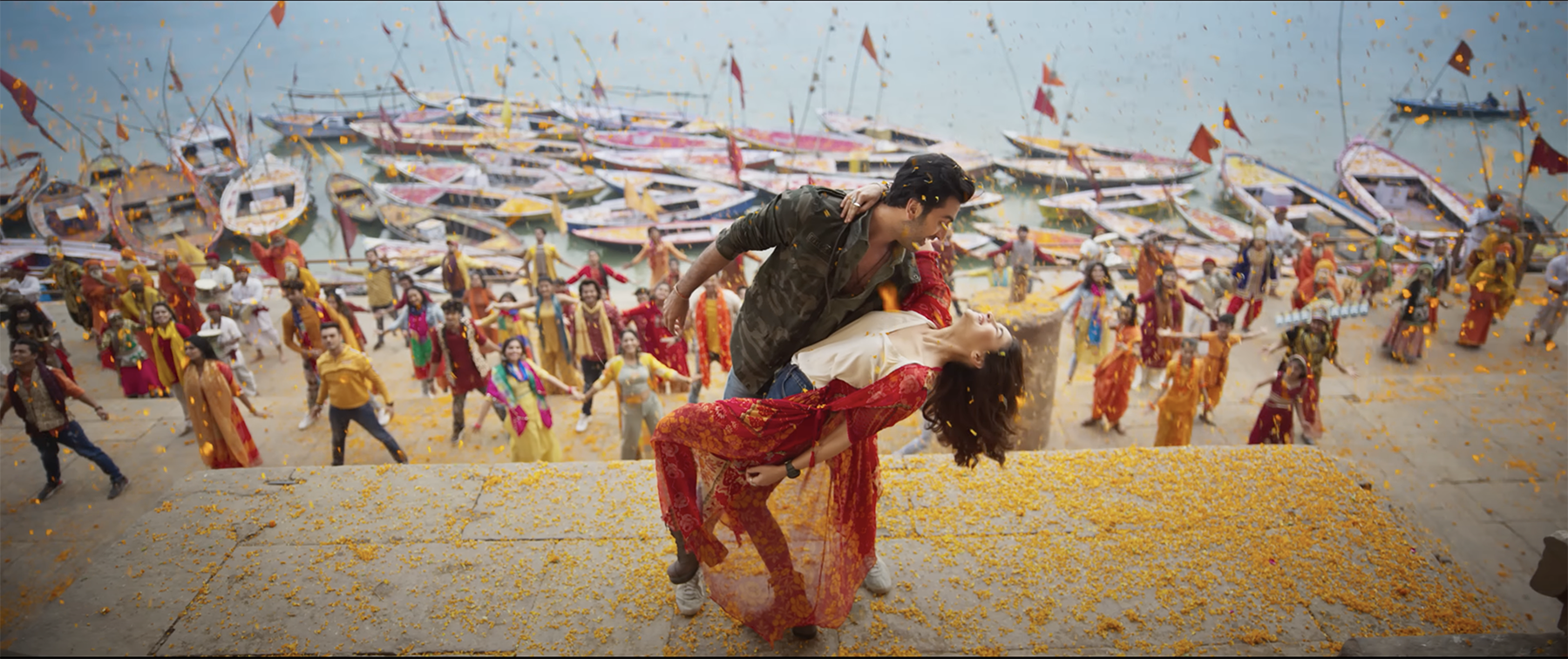 Ranbir Kapoor and Alia Bhatt dancing during the song “Kesariya” in their new movie Brahmastra Part One: Shiva. Photo Courtesy of Dharma Productions and Starlight Pictures