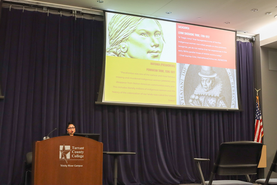 Jodi Yellowfish gives a lecture about the Missing Murdered Indigenous Women event at TR. She shared not only personal anecdotes but also historical examples. Ariel Desantiago/The Collegian