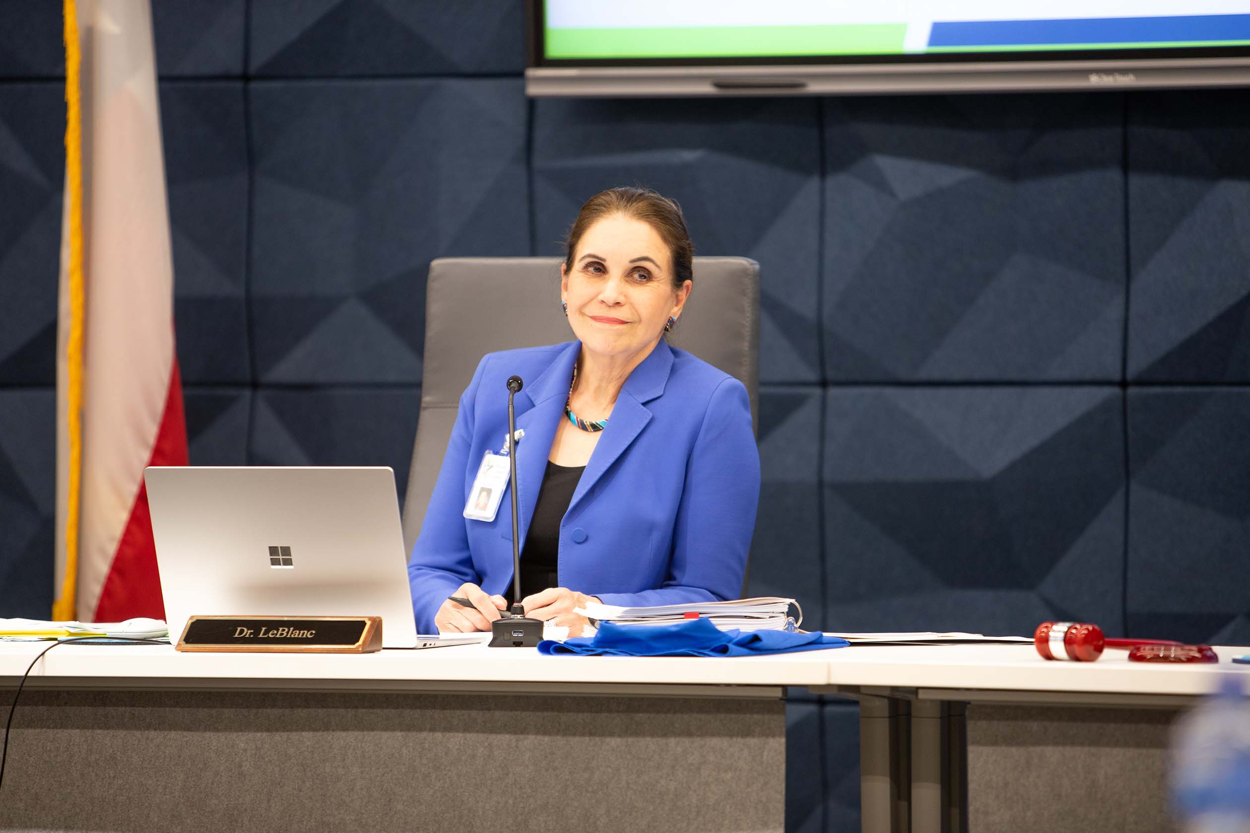 Elva LeBlanc, the new chancellor of TCC, smiles during the Jan. board meeting. She became the sixth chancellor on Dec. 8 last year. Joel Solis/The Collegian