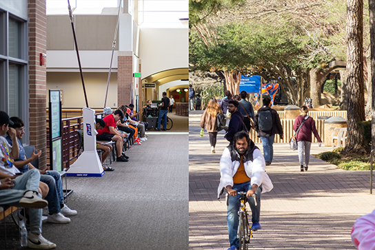 TCC SE upper floors and a UTA walkway shows the student life on each of the campuses and shows the difference between them. Joel Solis (left) and KJ Means (right)/The Collegian