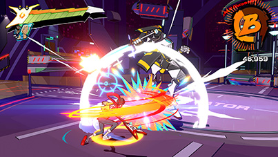The player character, Chai, using his super-powered guitar to attack an enemy inone of the game’s many colorful levels. photo courtesy of TangoGameworks