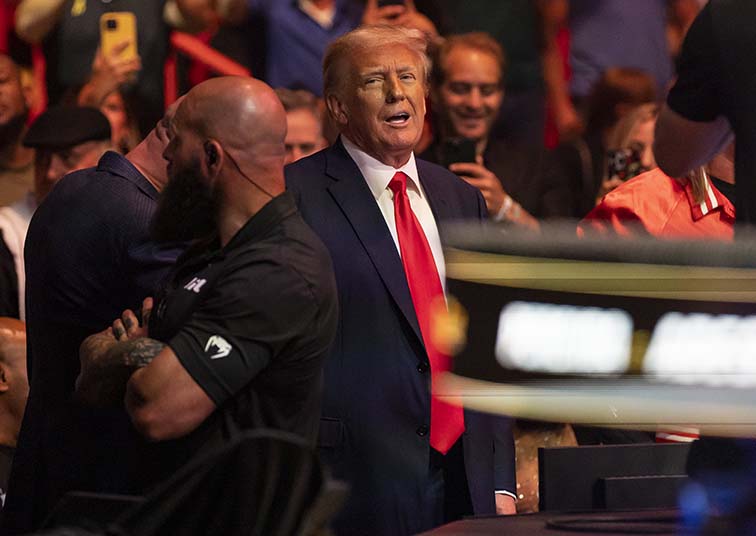 Former President Donald Trump attends UFC 287 at the Kaseya Center on Saturday, April 8, 2023, in downtown Miami, Florida. Trump was indicted on 34 business fraud charges on April 4. Matias J. Ocner/Miami Herald/TNS