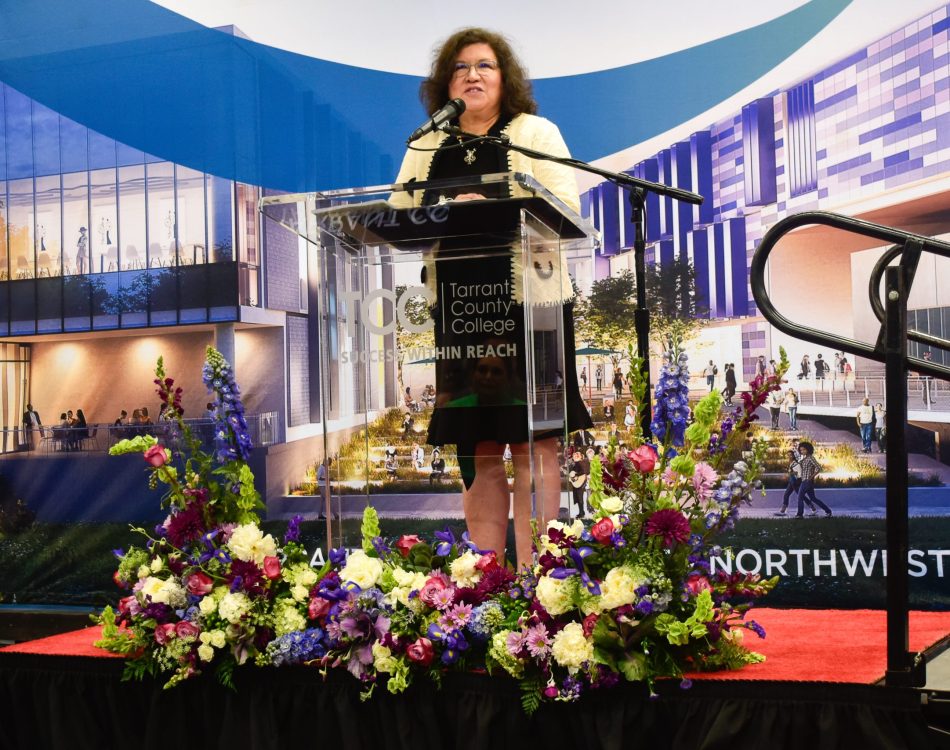 TCC Board of Trustees president Teresa Ayala speaks during the ribbon cutting ceremony held in NW05. Alex Hoben/The Collegian