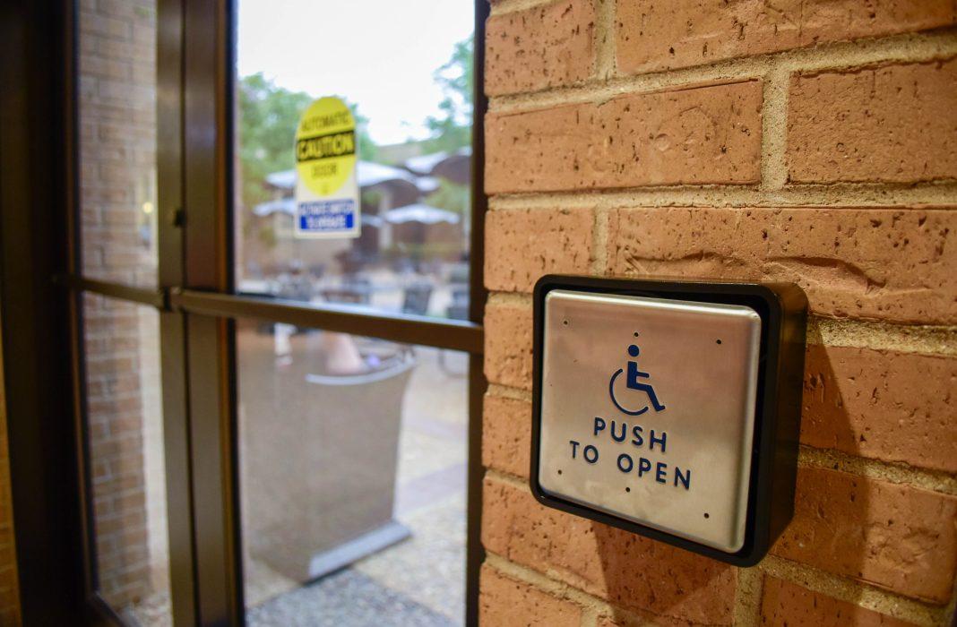 Alex Hoben/The Collegian One of the many ADA door buttons around NE Campus. The buttons are there to ensure those with disabilities can open doors without issue.