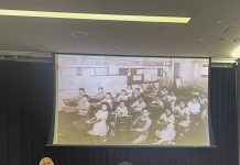 Olla Mokhtar/The Collegian Richard Gonzalez presents to a group of students the history of Latino education with a picture of students in one of the first Latino schools.
