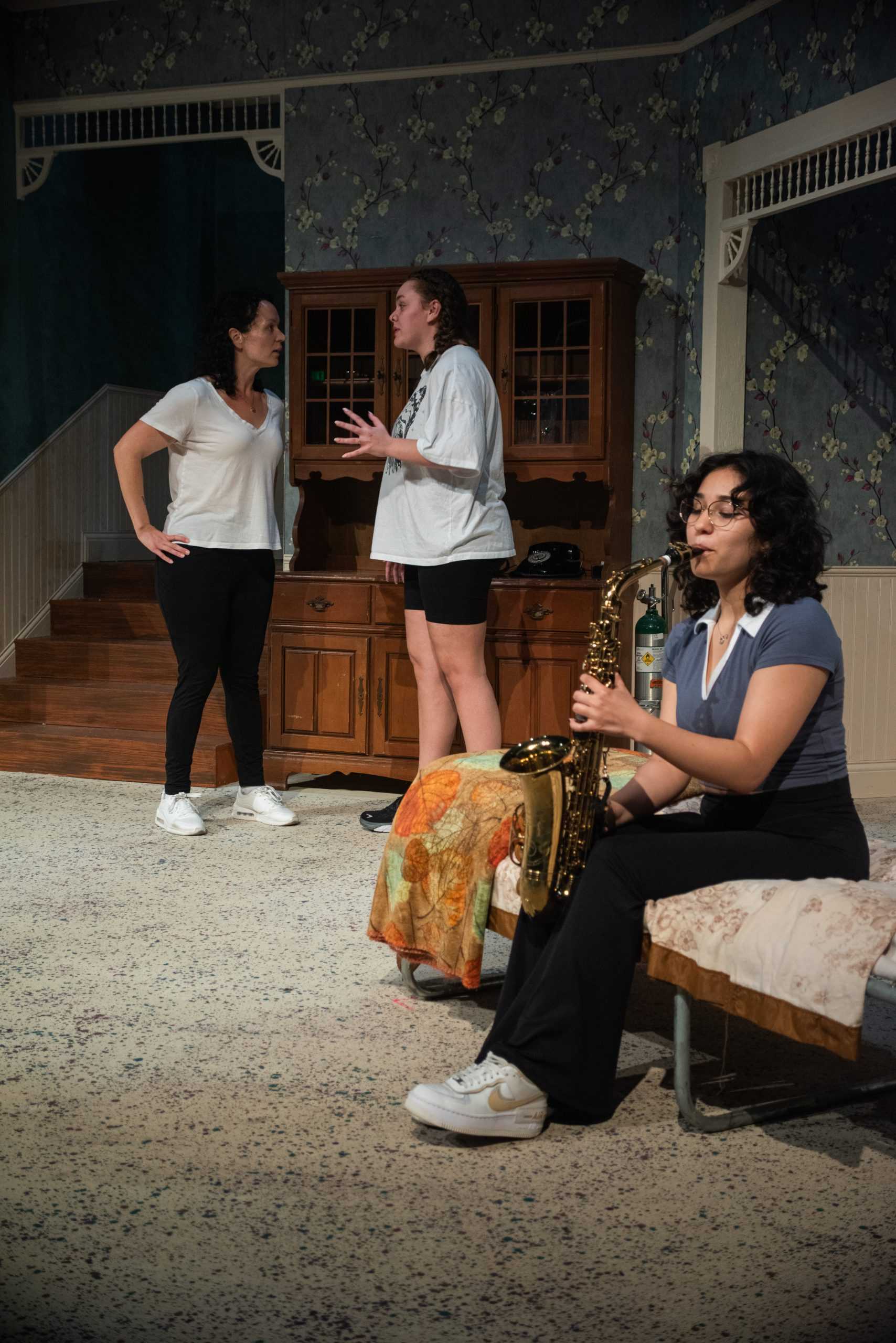 Alex Hoben/The Collegian NE students Alexis Harrison, Liana Flores and Miranda Hildner practice on set of "Crimes of the Heart."