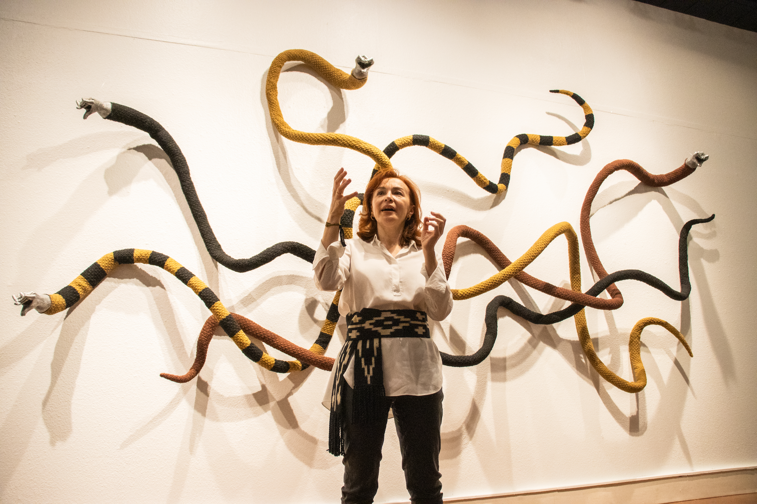 Alex Hoben/The Collegian Guest artist Pavlina Vagioni explains that the inspiration behind her works of the “Gorgon” collection was in her interest in the ancient Grecian mythos of Medusa. She gave an artist talk on the day of the gallery’s opening on South Campus.