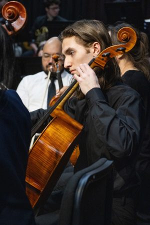 Alex Hoben/The Collegian Keller High School student Riley Hylkema got his cello, Autumn, in March of 2021. He performed his solo using Autumn in the Tarrant County Orchestra concerto.