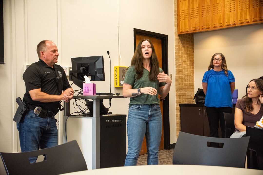 Hope Smith/The Collegian Crisis Support Unit members Officer Greg New, Emily Mourik and Courtney Runnels at NE Campus giving a presentation on the importance of crisis management in law enforcement.