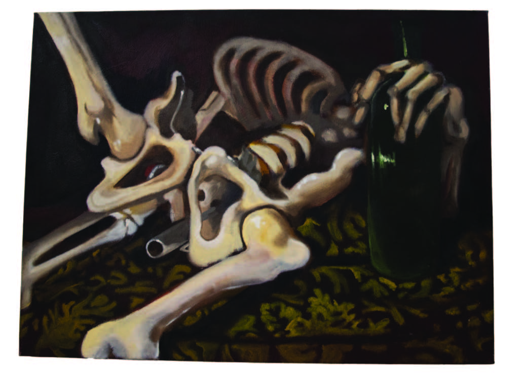 Memoirs of an Alcoholic” by Denys Guerrero. This oil painting depicts a skeleton with wine bottles.