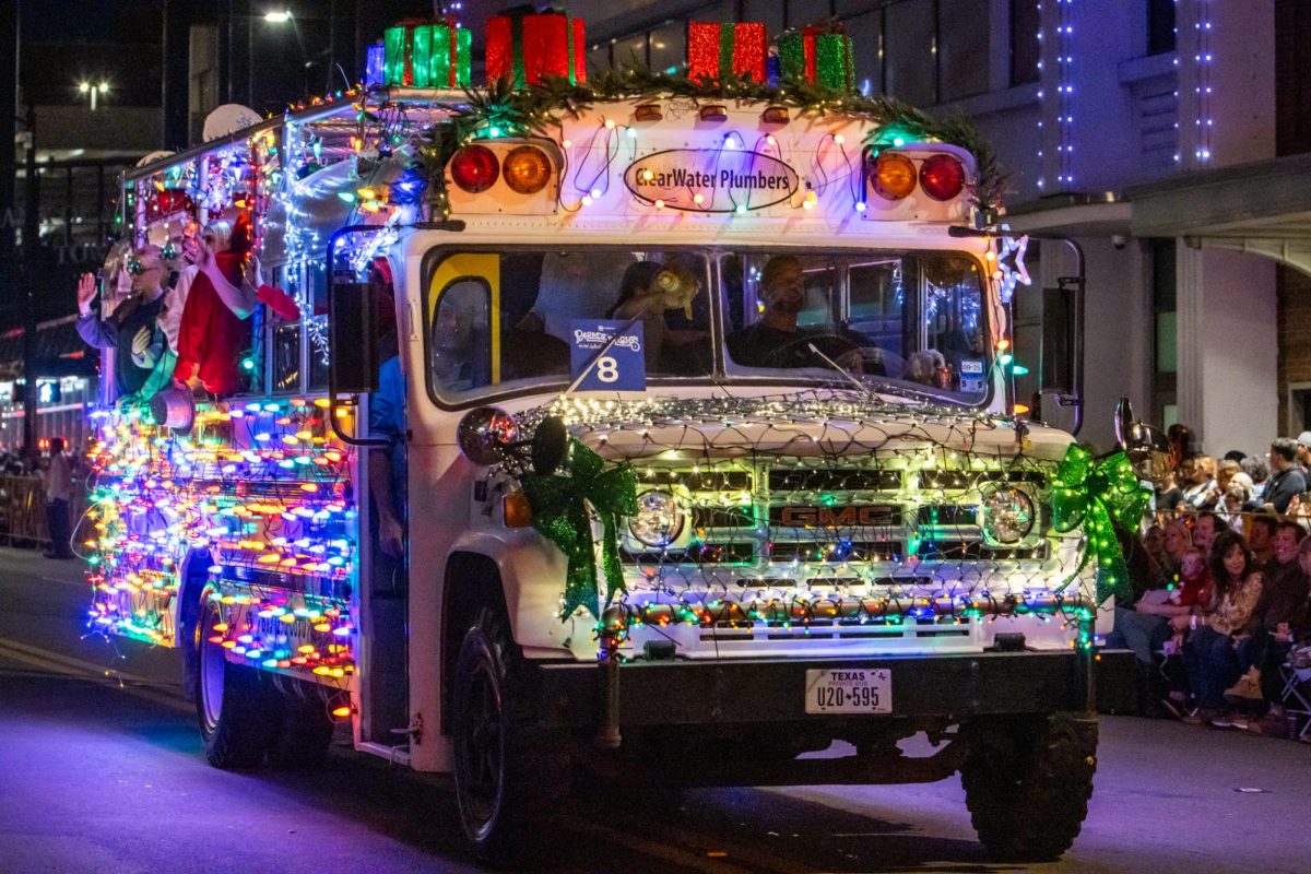 Fort Worth-based ClearWater Plumbers had a bus covered in Christmas lights and presents.