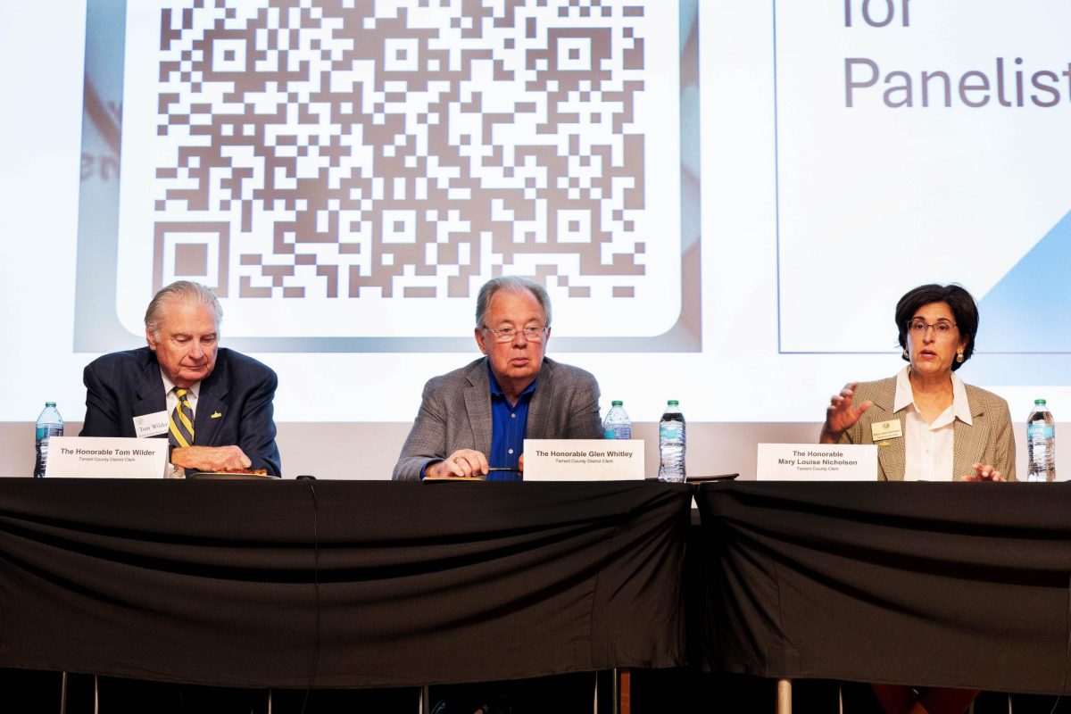 Tarrant County District Clerk Thomas Wilder, retired County Judge Glen Whitley and County Clerk Mary Louise Nicholson explain county government Oct. 2.