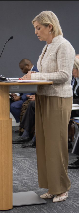 Shelley Pearson speaking to the board of trustees at meeting in Feb. about the increase of pay to adjunct faculty and staff.
