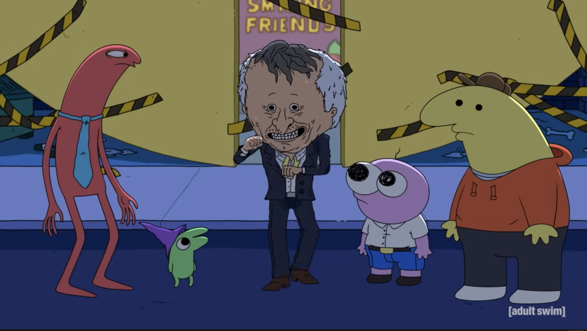 The post credit scene to Episode 3 featuring Smiling Friends employees Alan, Glep, Pim and Charlie watching their boss dance uncontrollably after a day of work.