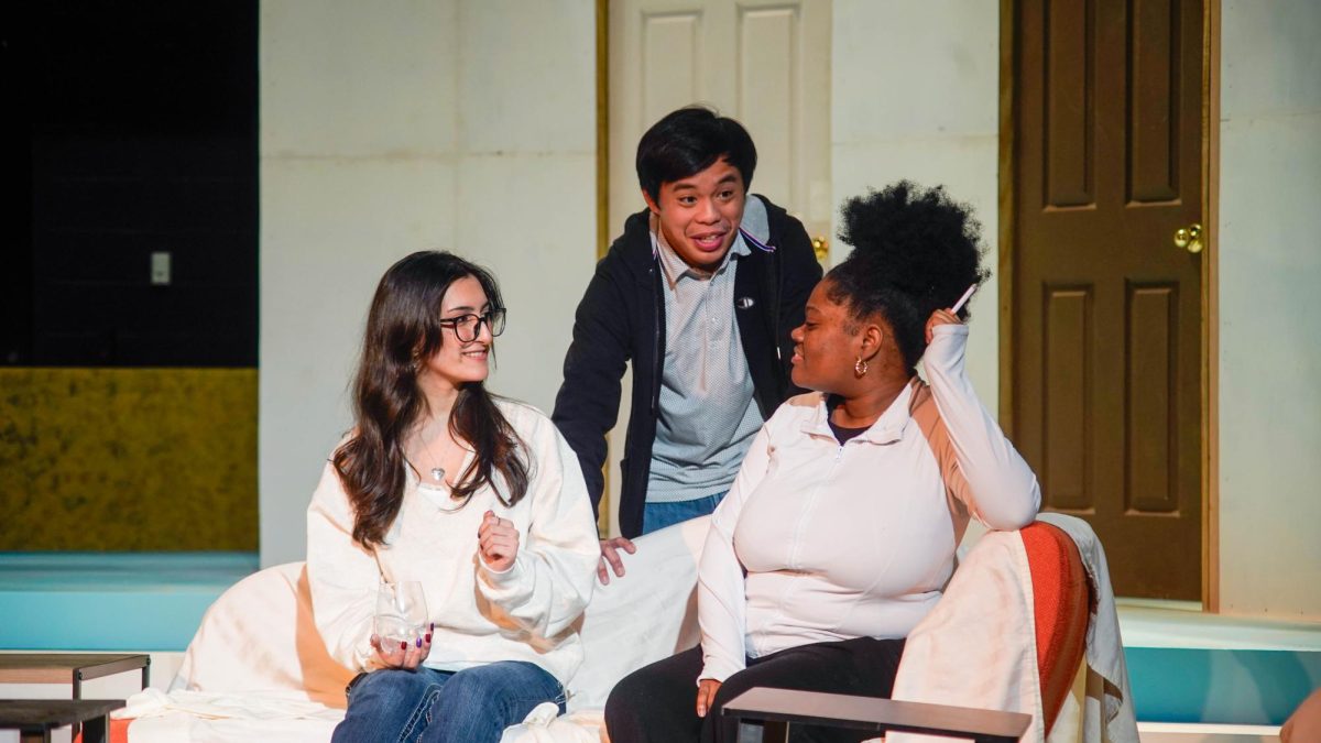 SE students Abby Ahmed, Liam Alejandre and Tamia Tubbs play run through a scene "Bernard's Paris Apartment."