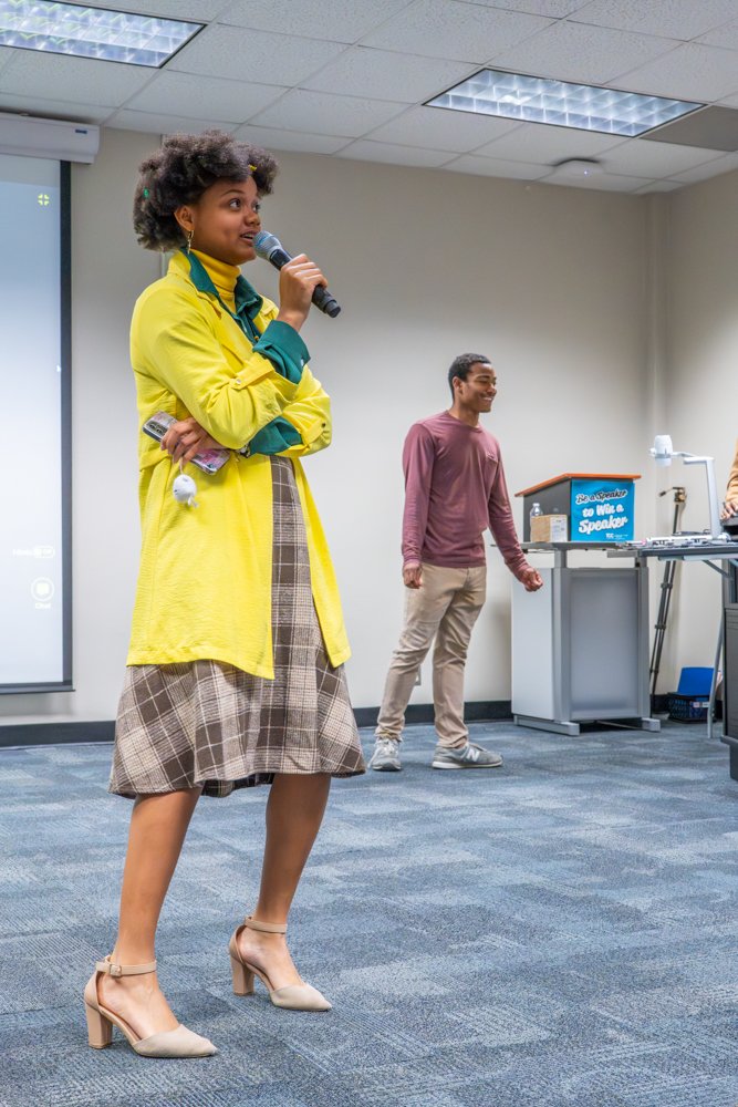 South student Monae Terrell emcees jeopardy night with Galvin Leberitt.