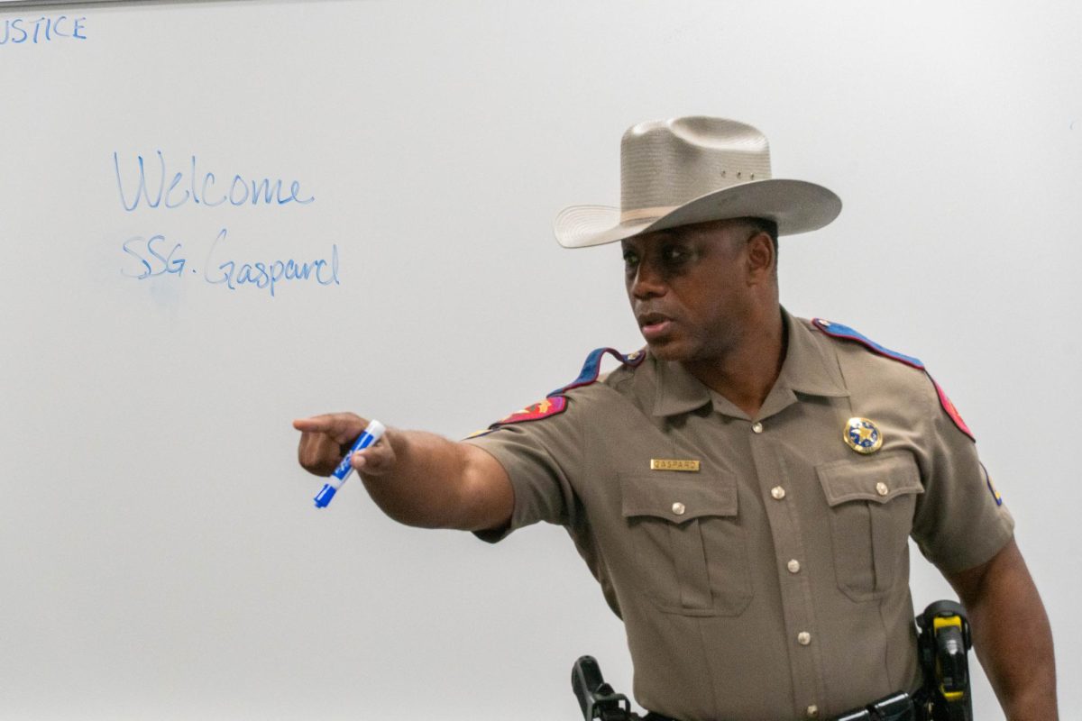 Department of Public Safety Sgt. Germaine Gaspard speaks to criminal justice students at TR Campus about the responsibilities of a Texas Ranger and his experiences on the job. 