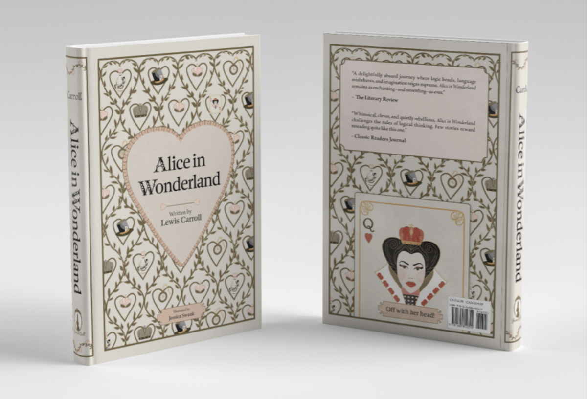 Jesi Swank’s award-winning dust jacket featured the book “Alice in Wonderland.”
