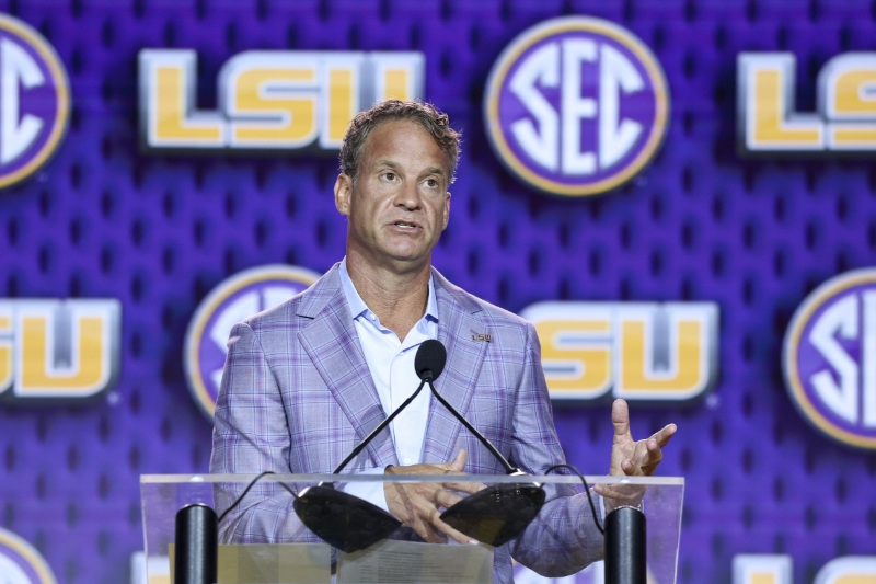 Jul 23, 2026; Tampa, FL, USA; LSU Tigers head coach Lane Kiffin speaks to the press during SEC Football Kickoff Media Day at the Tampa Marriott. Mandatory Credit: Nathan Ray Seebeck-Imagn Images