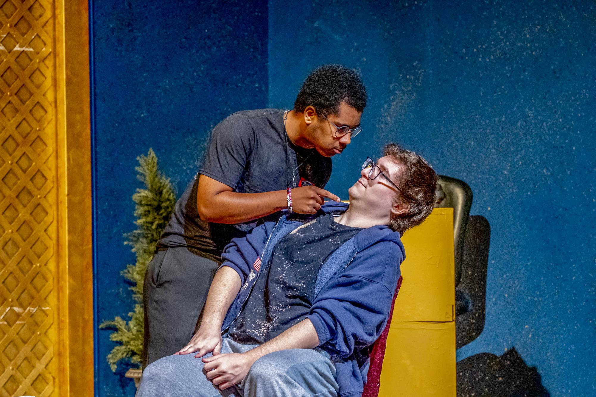 NE student actors Isaac Macon and Toby Whatley star in “Lobby Hero” Sept. 25. 