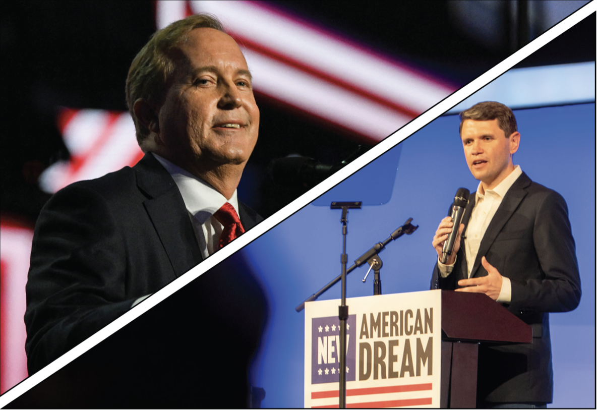 Left to right, Texas Attorney General Ken Paxton, Republican candidate for U.S. Senate, speaks at the Republican National Midterm Convention in Dallas, Sept. 9; House Rep. James Talarico, Demoratic candidate for U.S. Senate, speaks at his rally in Arlington Aug. 5. 