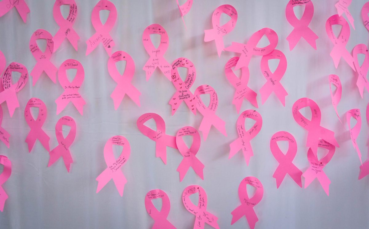 An Honor wall displays pink ribbons representing students' loved ones and their fight against breast cancer, Oct. 15 at the NE Campus.