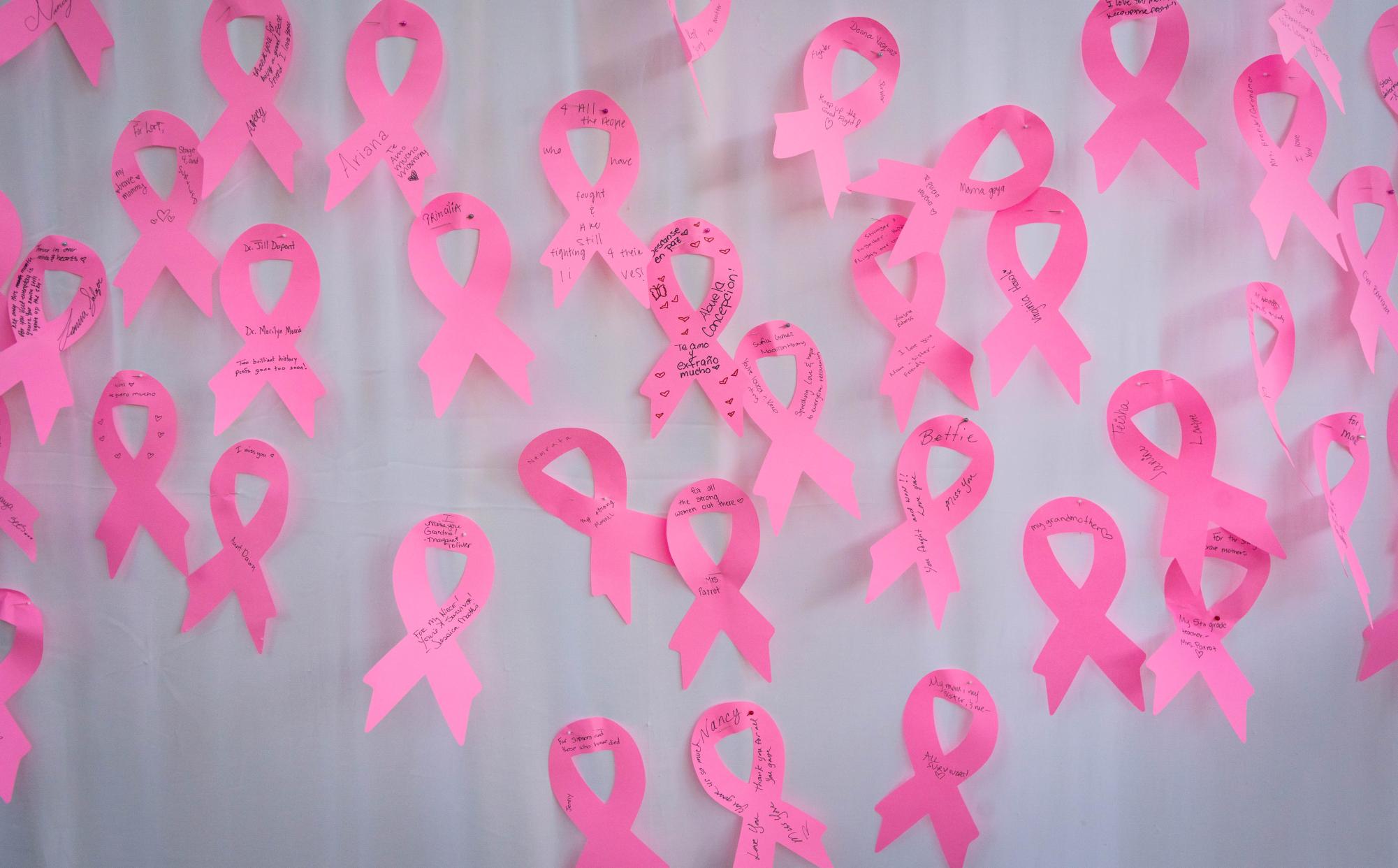 An Honor wall displays pink ribbons representing students' loved ones and their fight against breast cancer, Oct. 15 at the NE Campus.